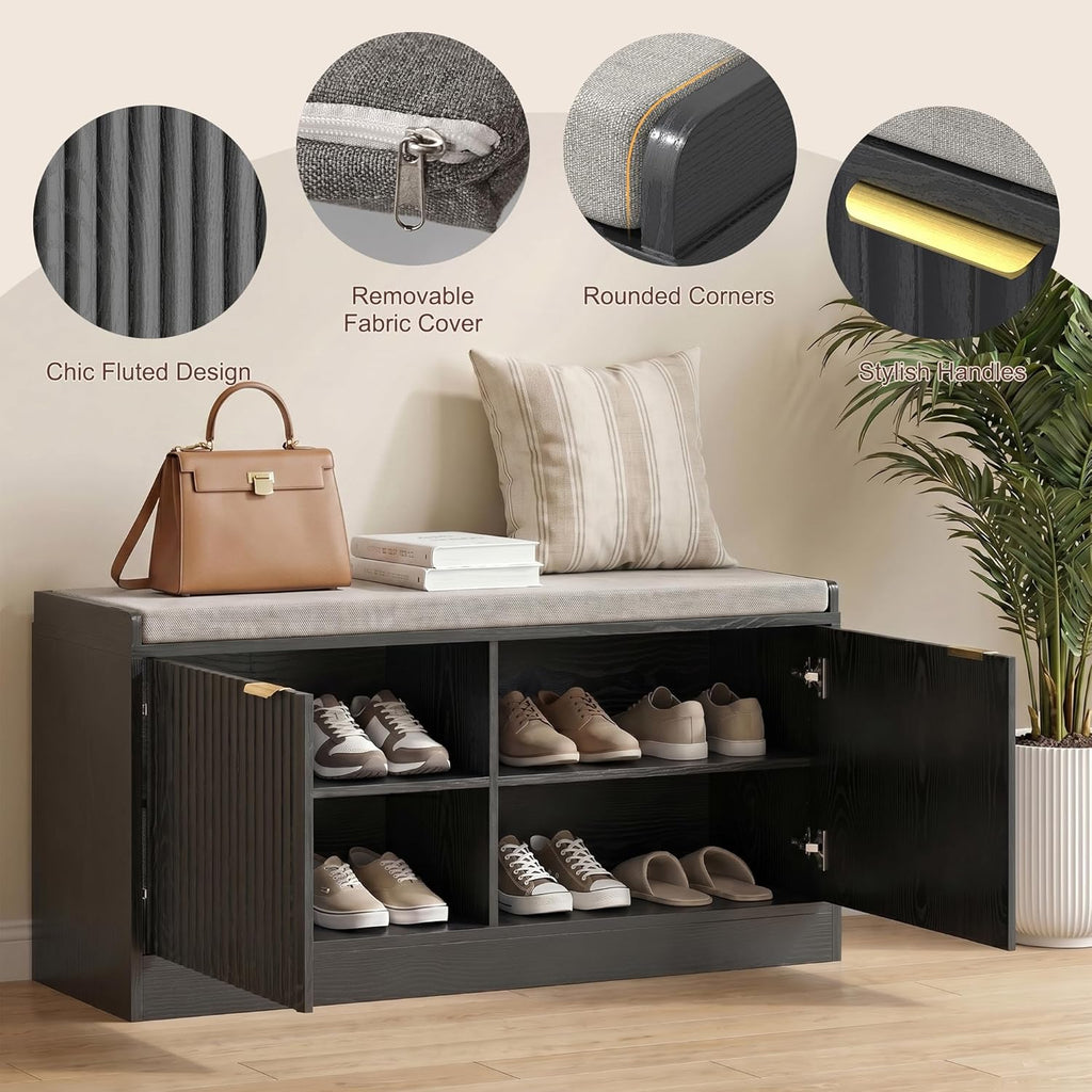 Fluted Shoe Storage Bench with Cushion, 2-Tier Entryway Shoe Bench with Adjustable Shelves, Hidden Shoe Cabinet Bench with 2 Doors for Hallway, Living Room, Bedroom End of Bed,Black