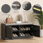 Fluted Shoe Storage Bench with Cushion, 2-Tier Entryway Shoe Bench with Adjustable Shelves, Hidden Shoe Cabinet Bench with 2 Doors for Hallway, Living Room, Bedroom End of Bed,Black