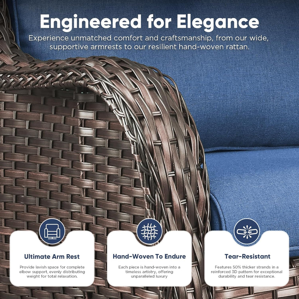 Belord 5 Piece Wicker Patio Furniture Set, Outdoor Swivel Rocker Chairs Set of 2 with Ottomans and Side Table, All Weather Patio Conversation Furniture Set, for Porch Pool, Brown Wicker/Blue