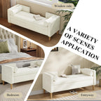 65.35" Storage Bench, Corduroy Upholstered End of Bed Bench with Bolster Pillows, Modern Storage Bench with Natural-Patterned Wooden Legs, Comfy Entryway Bench for Entryway (Beige)