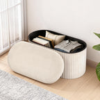 GLAXYFUR Oval Folding Storage Ottoman, Velvet Upholstered Foot Rest, 30 x 15 x 15 Inches Storage Bench for Bedroom, Living Room & Entryway, Beige