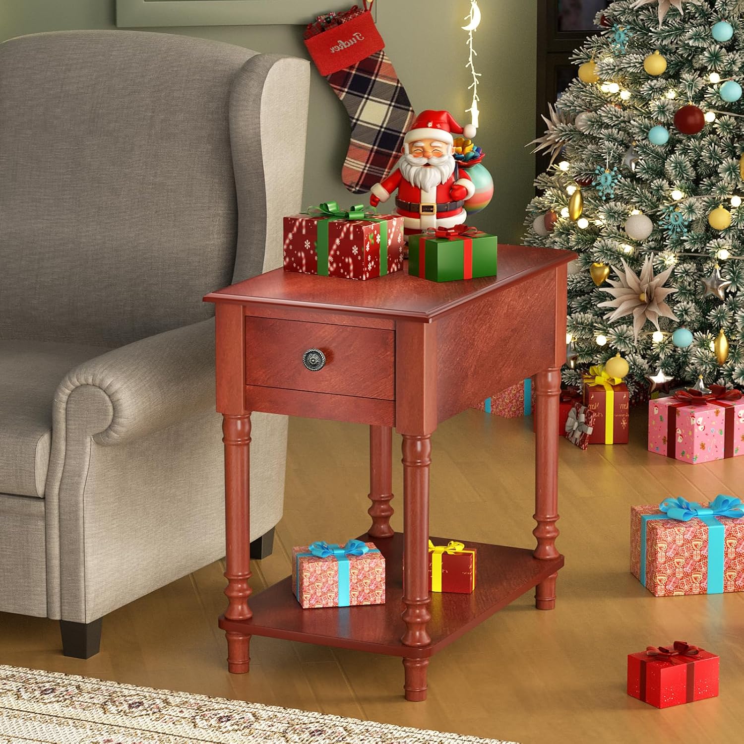 ROOMTEC Solid Wood End Table with Drawer and Shelf, Narrow Side Table Living Room, Vintage Wood Narrow Sofa Side Table, Nightstand for Bedroom, 14" W x 22" D x 24.8" H
