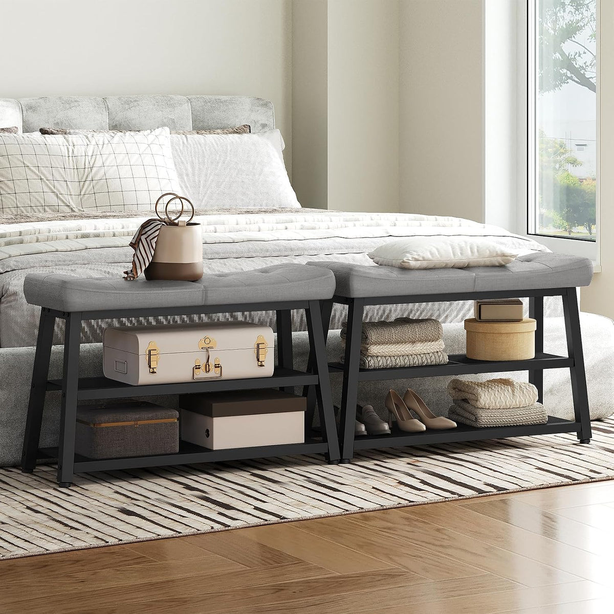 YATINEY Shoe Bench, 3-Tier Shoe Rack, Entryway Bench with Storage and Cushion, for Hallway, Foyer, Bedroom, Gray and Black HX02BG
