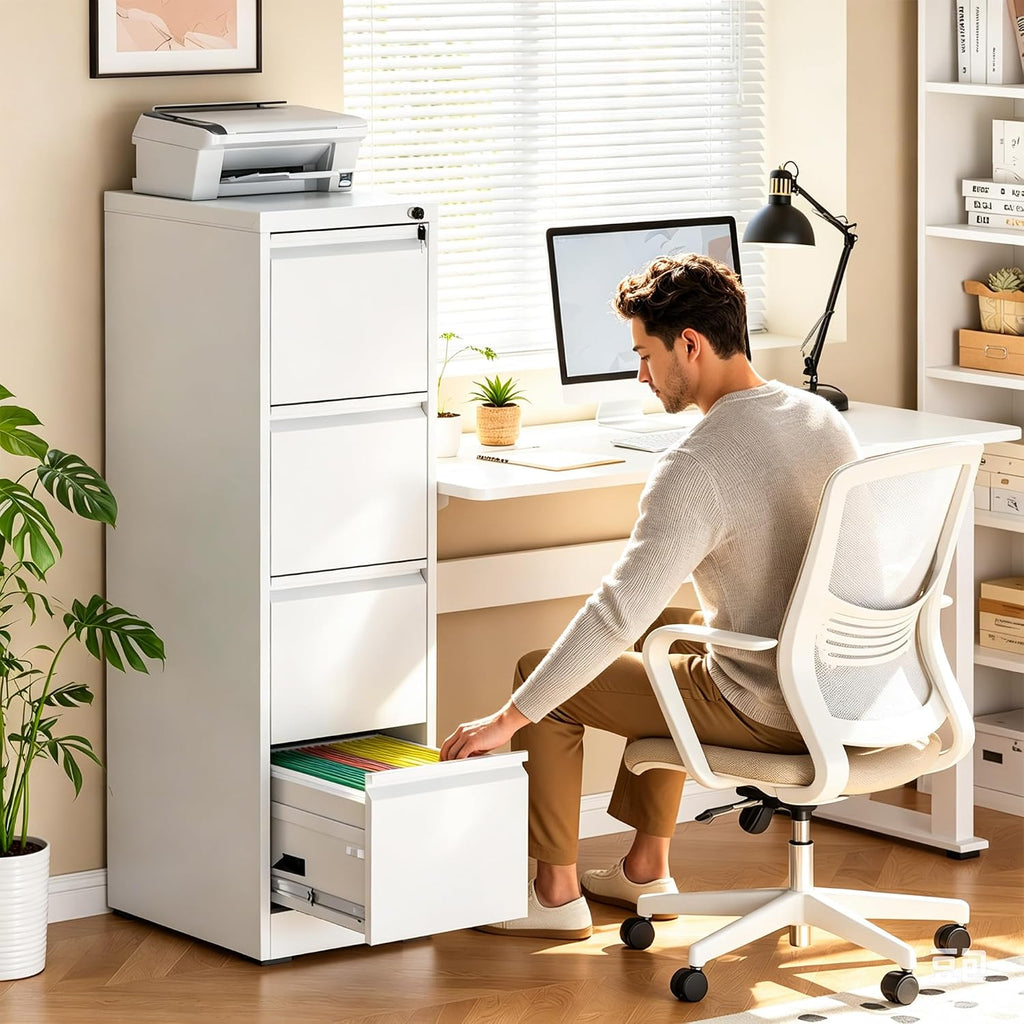 4 Drawer File Cabinet with Lock, Metal Vertical Filing Cabinet, Filing Cabinets for Home Office, Locking File Cabinet Hanging Files for A4/ Legal/Letter, Require Assembly, White