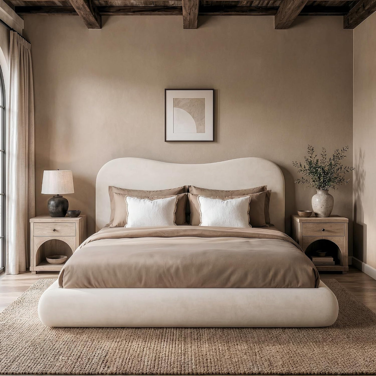 RECCI AirFrame Queen Upholstered Bed Frame with Camelback Curved Headboard