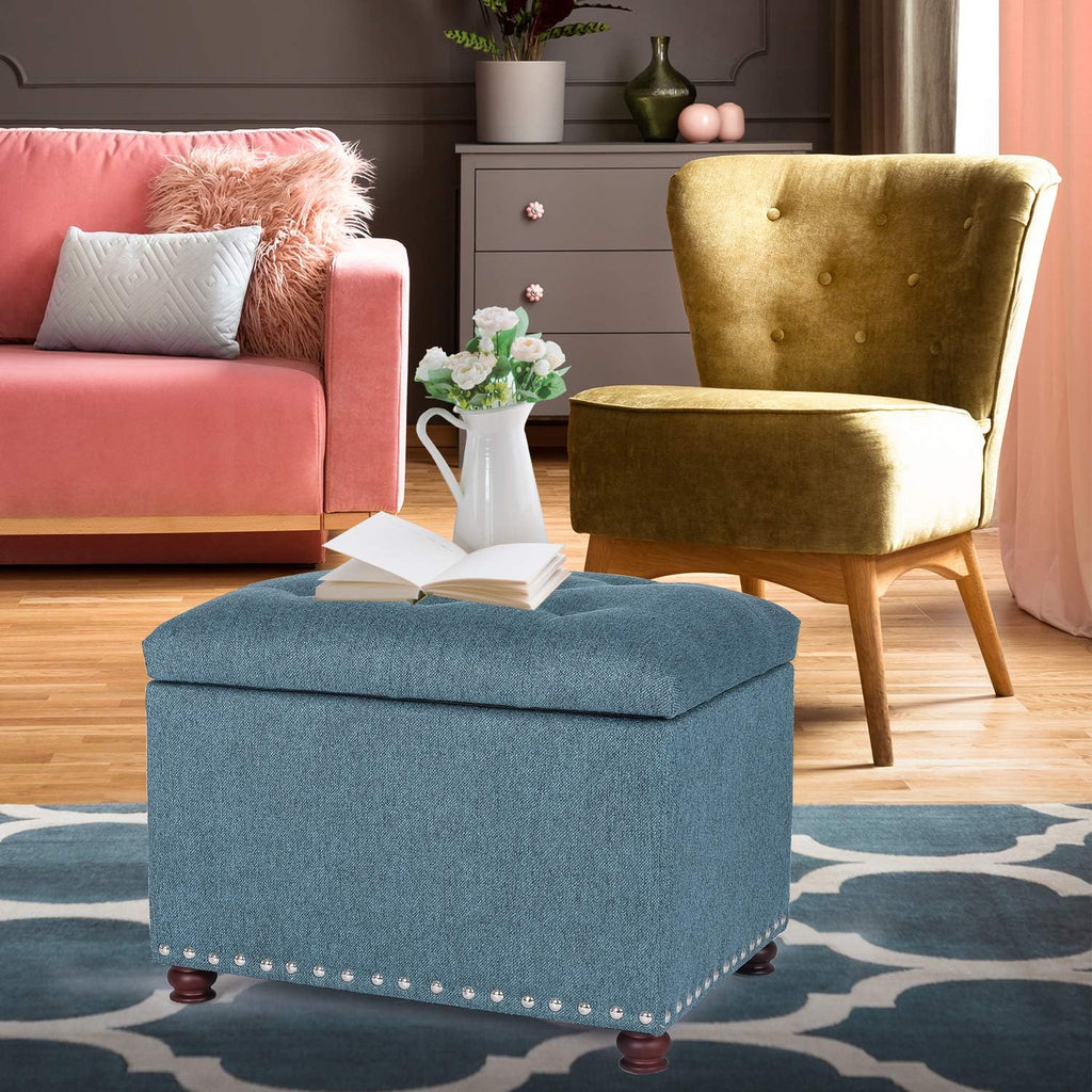 24’’ Rectangular Upholstered Storage Ottoman for Living Room | Fabric Foot Stool with Nail-head Trim- Chests and Organizers , Load Up to 350 lb, Lake Blue