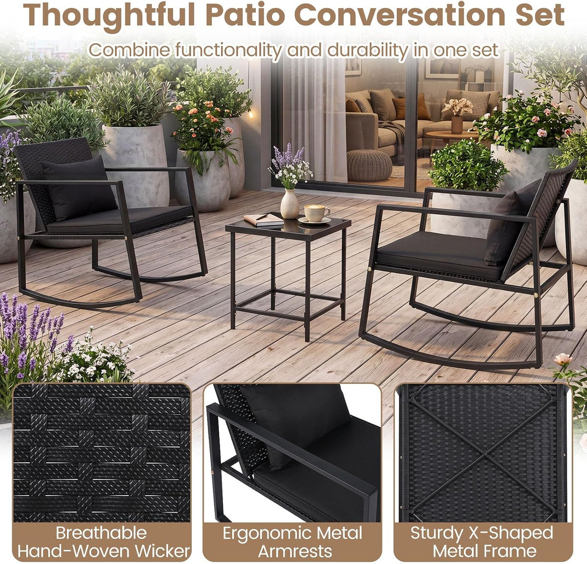 Tangkula 3 Pieces Outdoor Rocking Chairs Set, Rattan Heavy Duty Cushioned Rocker Chairs with Cushions, Pillows, Tempered Glass Table, Metal Frame for Garden, Balcony, Backyard (Black)