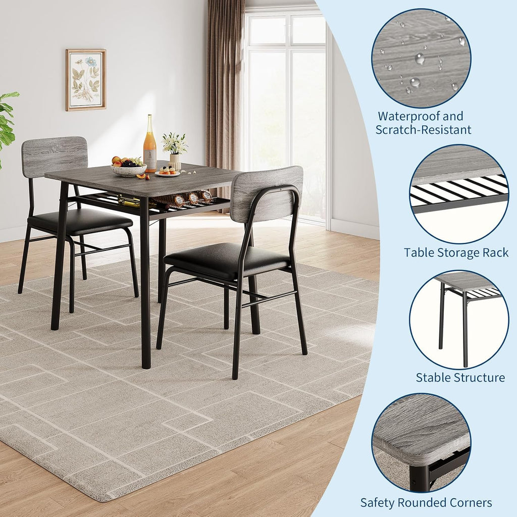 IDEALHOUSE Small Dining Table Set for 2, 3-Piece Dining Set with Storage Rack, Wood Kitchen Table with Upholstered Chairs, Square Table Set with Metal Legs Support, for Dining Room, Living Room, Grey