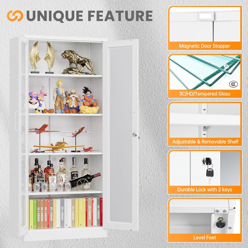 Locking Display Cabinet with Glass Door, 71”H Metal Curio Cabinets with Adjustable Shelves, White Liquor Caninet Display Case for Living Room, Collectibles, Clinic, Home - Assembly Required