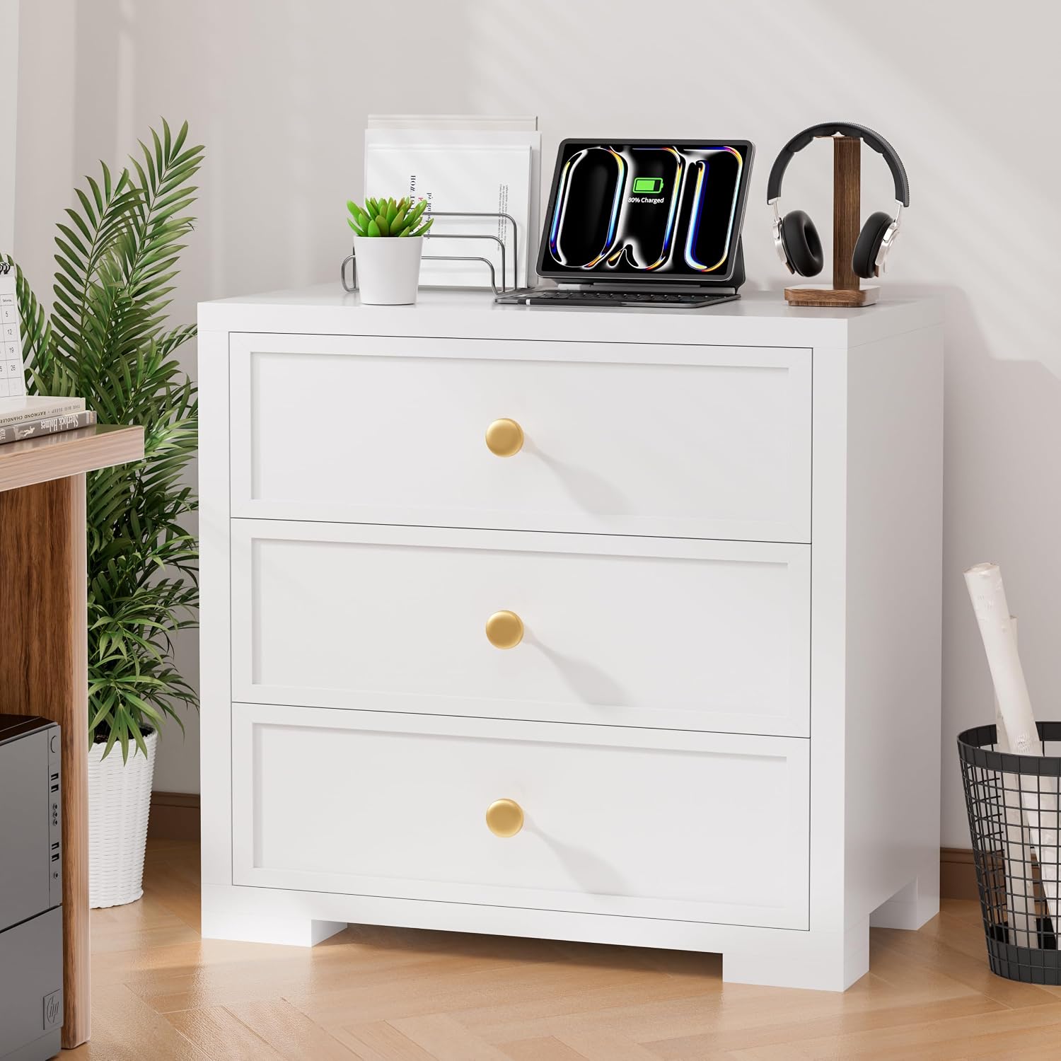 COWMOU Nightstand with Drawers 3 Drawer Night Stand with Charging Station Farmhouse Style Large Bed Side Table Wooden Dresser for Bedroom Living Room (1, White)