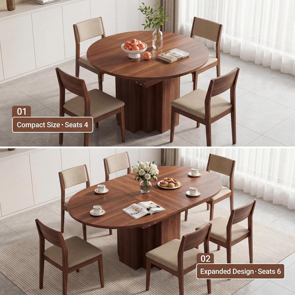 Extendable Round Dining Table, 45.3"-61" Space Saving Oval Kitchen Table with Self-Storing Butterfly Leaf, Modern Farmhouse Walnut Dining Room Table with Fluted Pedestal Base for 4-6 People