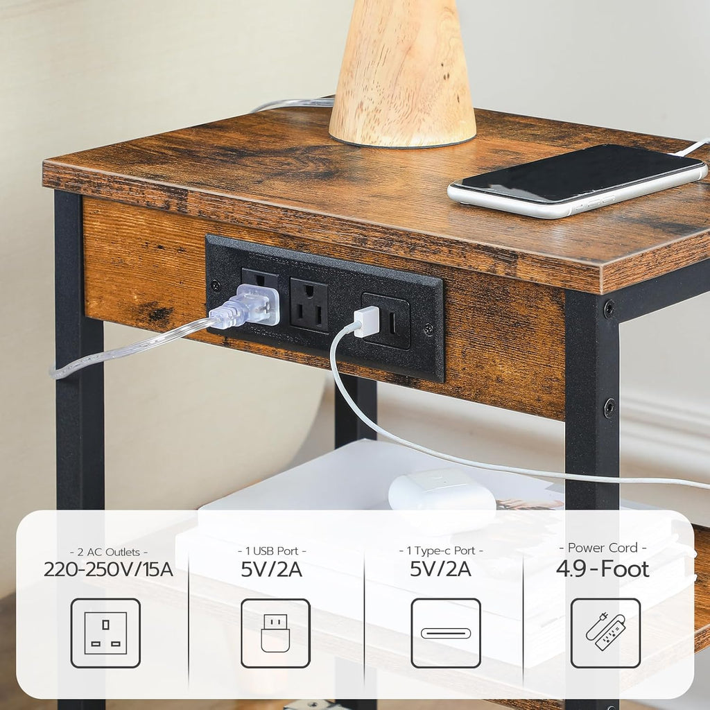 HOOBRO Side Table with Charging Station and USB Port, Small End Table for Small Space, 3-Tier Nightstand with Adjustable Shelf, for Living Room, Bedroom, Rustic Brown BF112BZ01