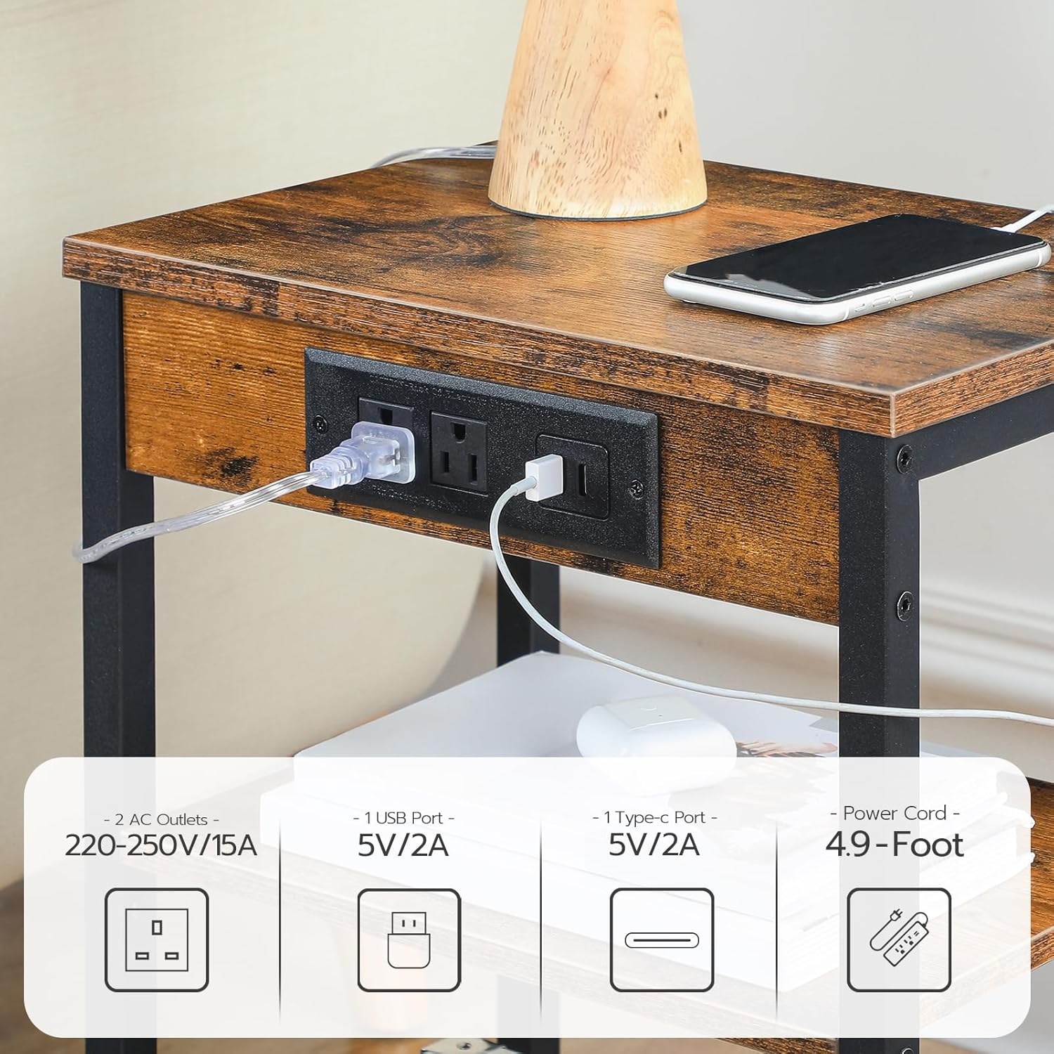 HOOBRO Side Table with Charging Station and USB Port, Small End Table for Small Space, 3-Tier Nightstand with Adjustable Shelf, for Living Room, Bedroom, Rustic Brown BF112BZ01