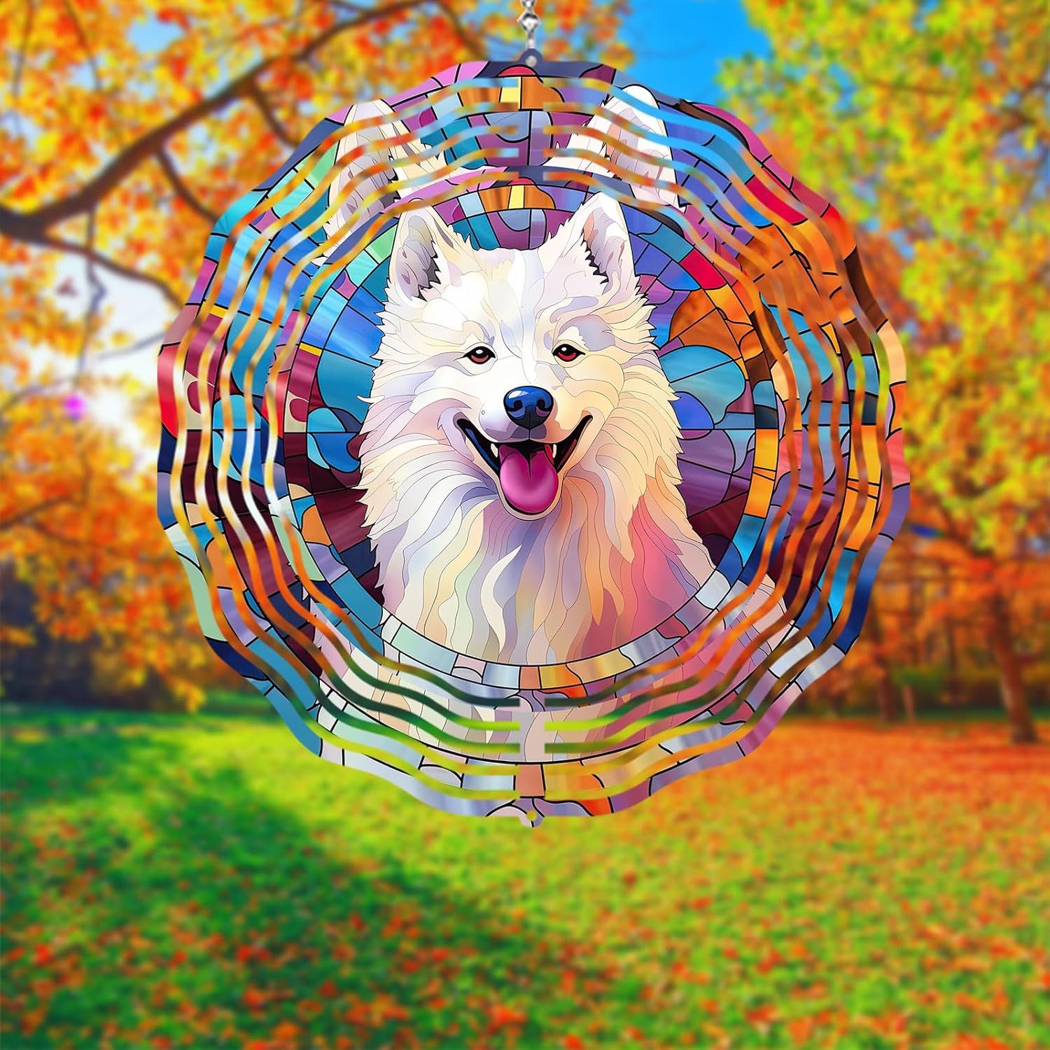 Samoyed Wind Spinner Pet Dog Memorial Gifts 3D Aluminum Metal Kinetic Hanging Wind Sculpture Spinners for Yard and Garden Indoor Outdoor Window Garden Decoration 8 Inch (Samoyed 1)