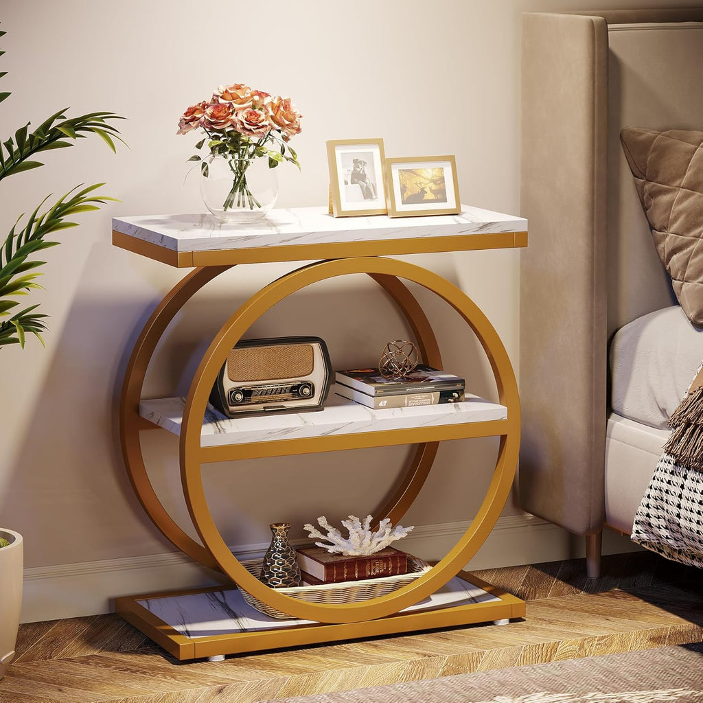 Tribesigns End Table with Storage Shelves, 3-Tier Wooden Industrial Sofa Side Table with Black Metal Frames for Living Room, Slim Nightstand and Bedside Table for Bedroom, White & Gold