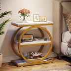 Tribesigns End Table with Storage Shelves, 3-Tier Wooden Industrial Sofa Side Table with Black Metal Frames for Living Room, Slim Nightstand and Bedside Table for Bedroom, White & Gold