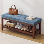 HUBSON 44" Entryway Shoe Bench, Upholstered End of Bed Bench with Solid Wood Shelf, Button Tufted Shoe Bench for Bedroom, Hallway, Living Room, Blue