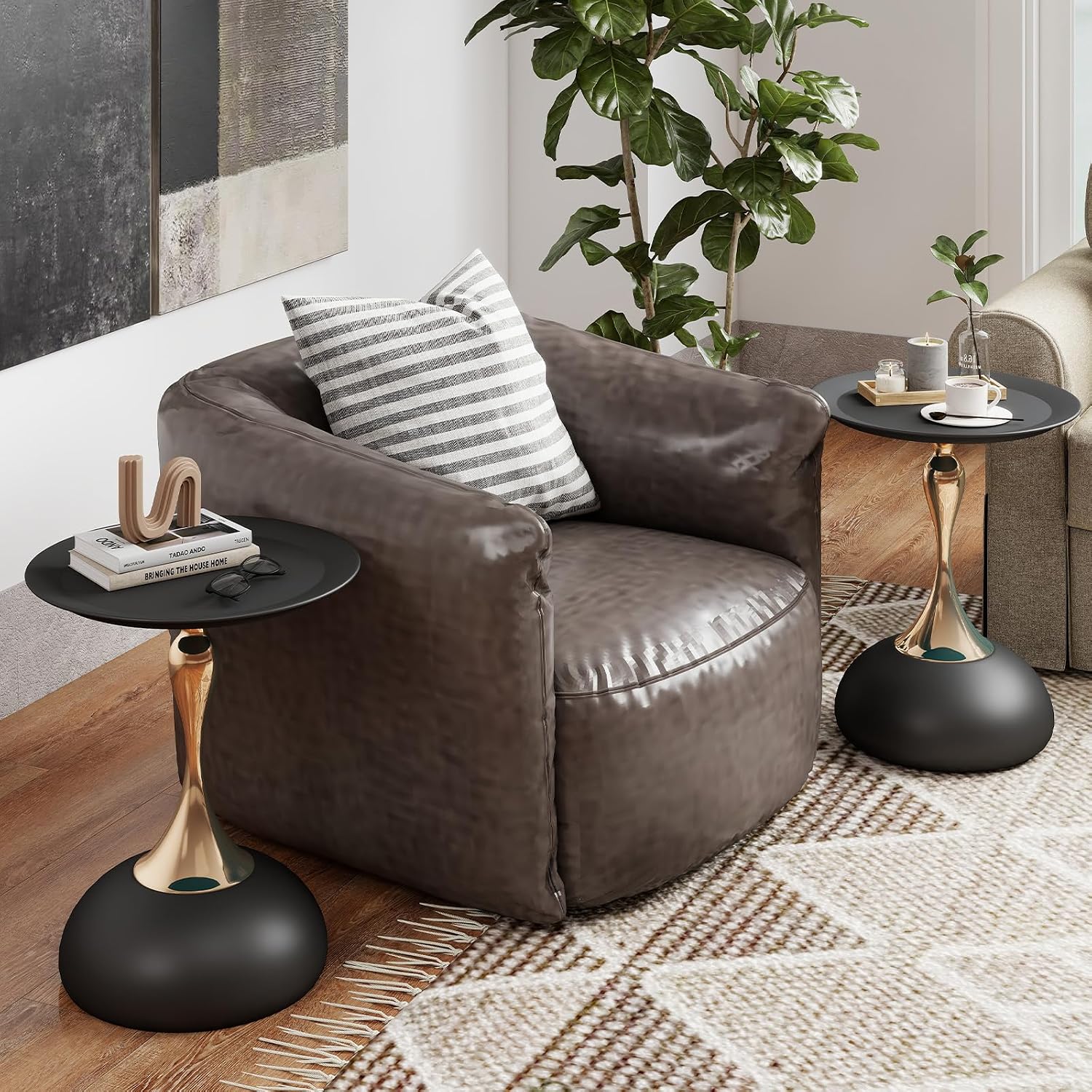 Metal Round End Table,Modern Pedestal Table,Corner Drink Tables,Accent Side Table Nightstand for Living Room,Patio and bar (Black-Gold)