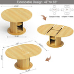 47"-63" Extendable Round-to-Oval Dining Table with Double-Layer Hidden Storage, Fluted Cylindrical Base and Sliding Doors, Modern Farmhouse Kitchen Table for Dining Room or Office, Oak