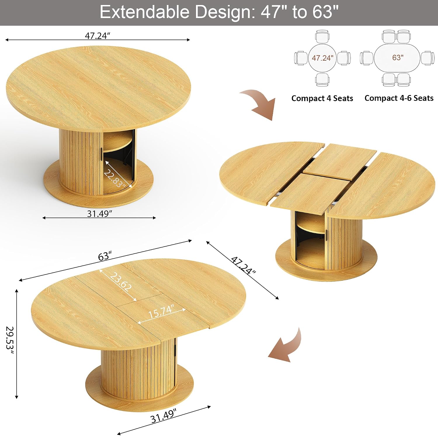 47"-63" Extendable Round-to-Oval Dining Table with Double-Layer Hidden Storage, Fluted Cylindrical Base and Sliding Doors, Modern Farmhouse Kitchen Table for Dining Room or Office, Oak