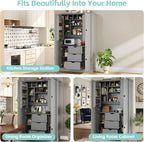 Freestanding Kitchen Pantry,Tall Storage Workstation with 4 Doors, 6 Door Shelves, Removable Shelves and 6 Wine Racks for Dining Room (Grey-FK)