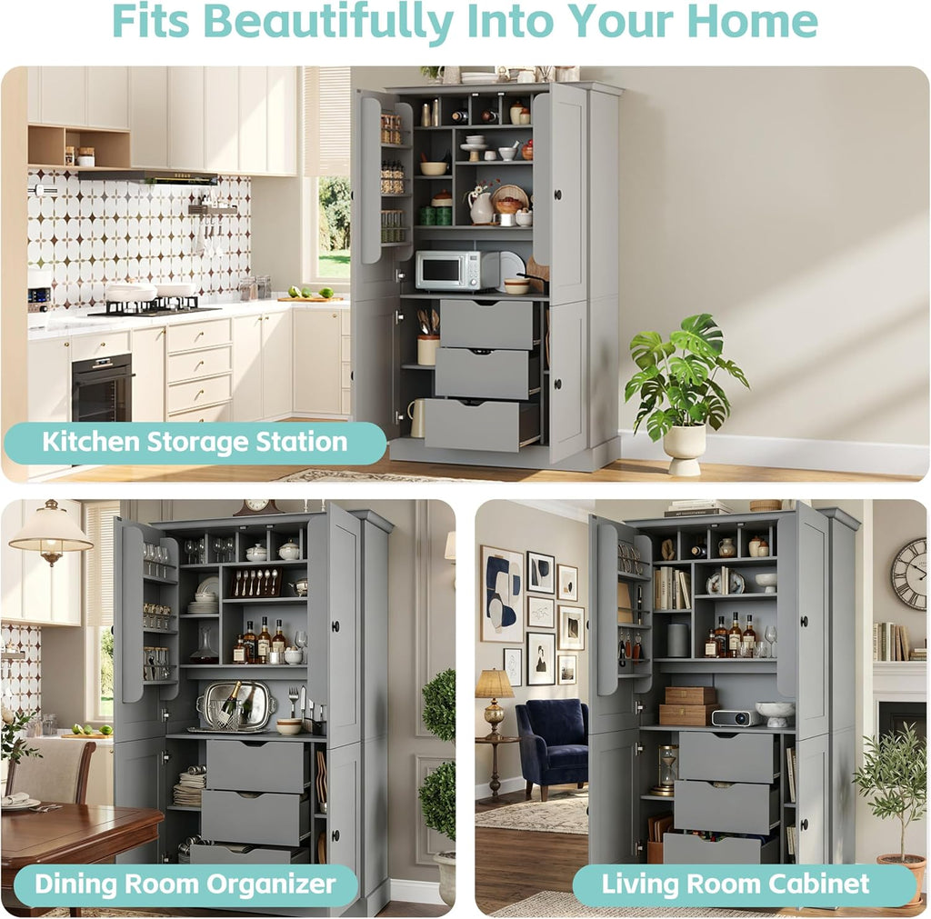 Virubi 42.3x20.0x70.9 inch Freestanding Kitchen Pantry Cabinet, Tall Storage Workstation with 4 Doors, 3 Drawers, 6 Door Shelves, Removable Shelves & 6 Wine Racks for Dining (Grey)