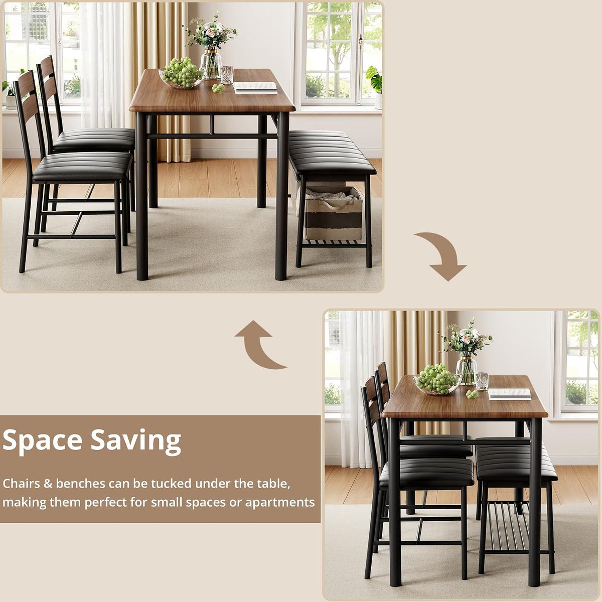 IRONCK Dining Table Set for 4, Kitchen Table with Upholstered Bench and 2 Chairs, Kitchen Table and Chairs Set for Small Space, Apartment, Walnut