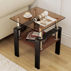 Brown Glass Coffee Table Sets of 3 for Living Room, 39" Mordern End Tables with Storage, Walnut Wooden Shelves & Black Metal Leg, Rectangle Center Table for Small Space Apartment