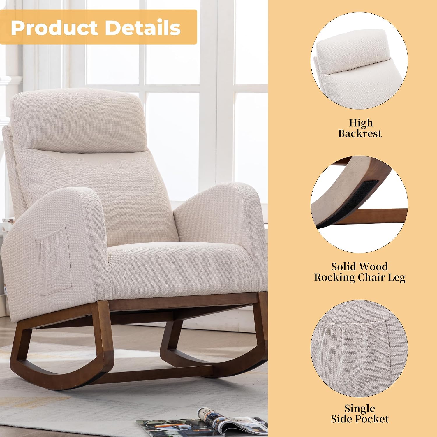 Rocking Chair,Nursing Chairs with Foot Rest for Mom, Rocker Glider Chair with High Backrest for Living Room, Bedroom, Upholstered Lounge Chair with Solid Wood Base for Relaxin (Beige)