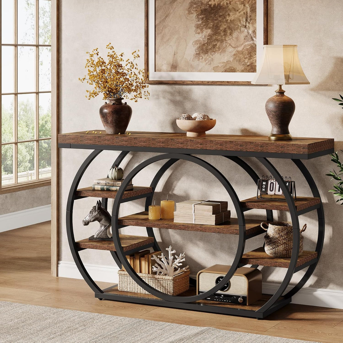 Tribesigns 47" Console Table for Living Room, 5-Tier Industrial Entryway Table with Metal Frame, Narrow Sofa Table Behind Couch Accent Tables for Entryway, Hallway, Foyer, Rustic Brown
