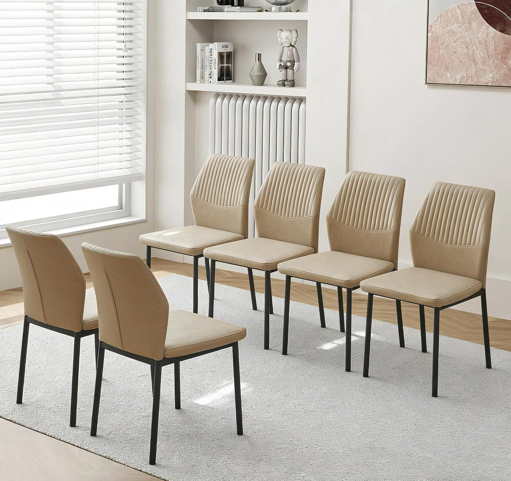 Dining Chairs Set of 6, Beige PU Leather Dining Chairs, Comfortable Upholstered Armless Kitchen Chairs with Black Metal Legs for Living Room, Dining Room, Kitchen