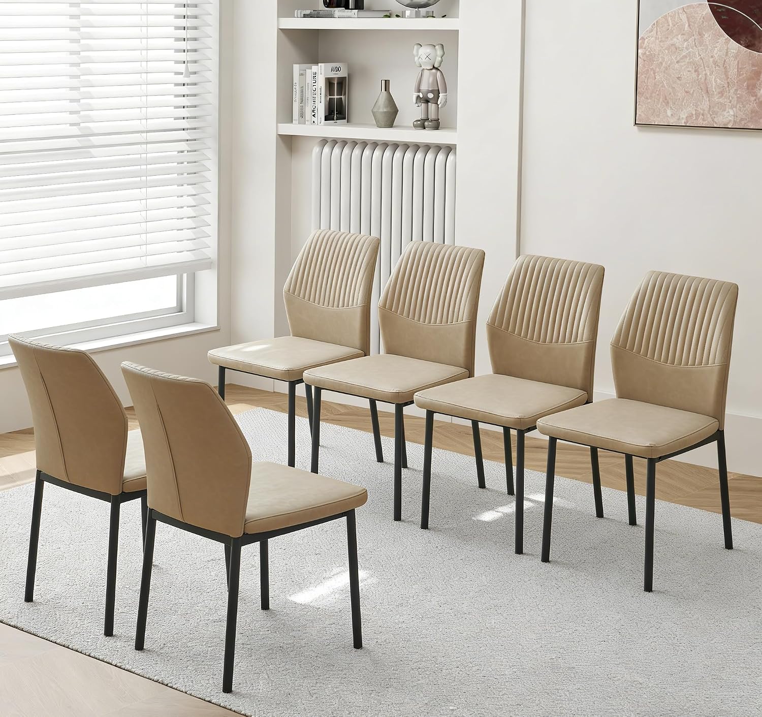 Dining Chairs Set of 6, Beige PU Leather Dining Chairs, Comfortable Upholstered Armless Kitchen Chairs with Black Metal Legs for Living Room, Dining Room, Kitchen