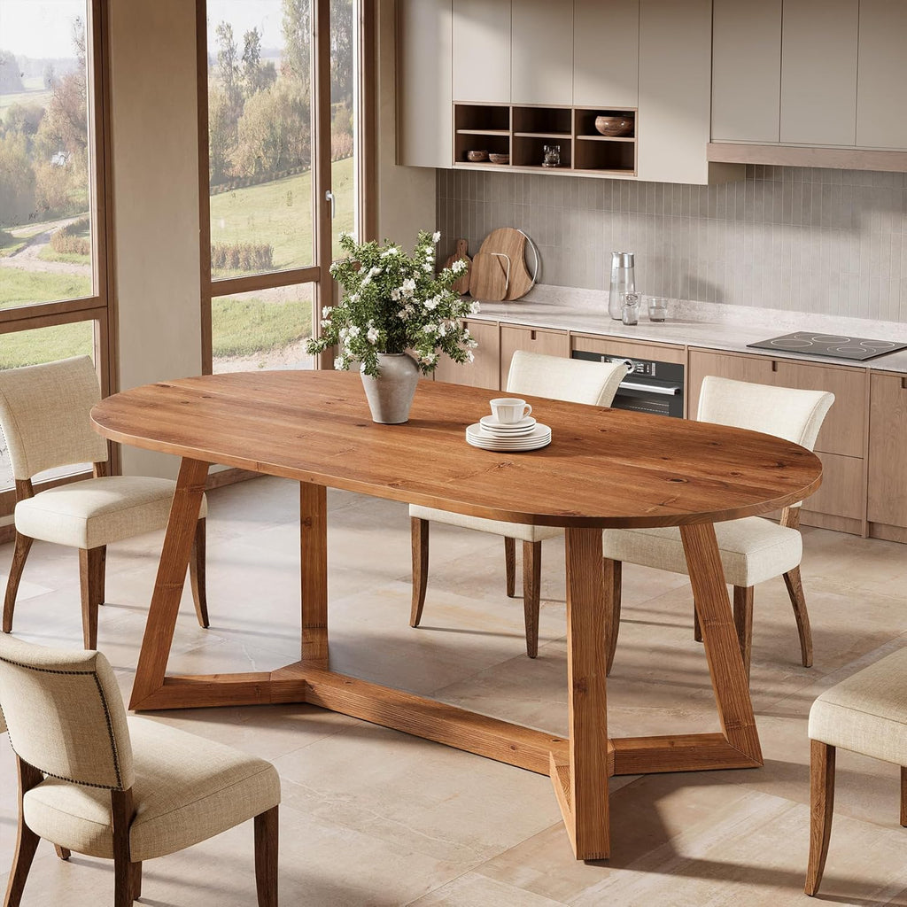 63" Solid Wood Oval Dining Table, Farmhouse Kitchen Table for 4-6 People, Rusitc Wood Dinner Table with Sturdy Base for Living Room, Dining Room, Apartment (Natural Brown)