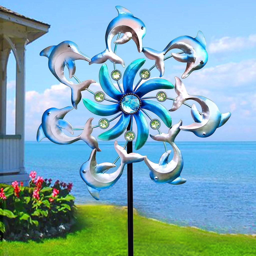 Dolphin Wind Spinners Garden Stake, 39" Metal Dolphins Wind Spinner Outdoor Decorations- Outside Lawn Stake Wind Sculptures for Yard Patio,Lawn & Garden Art Decor