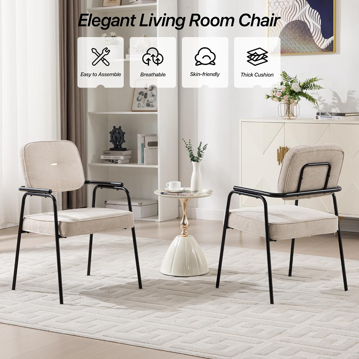 HENGJIANYI Accent Chair Dining Chair Set of 2, Chenille Upholstered Armchair Reading Side Chair, Comfy Living Room Chair with Black Metal Legs for Bedroom Waiting Room, Beige