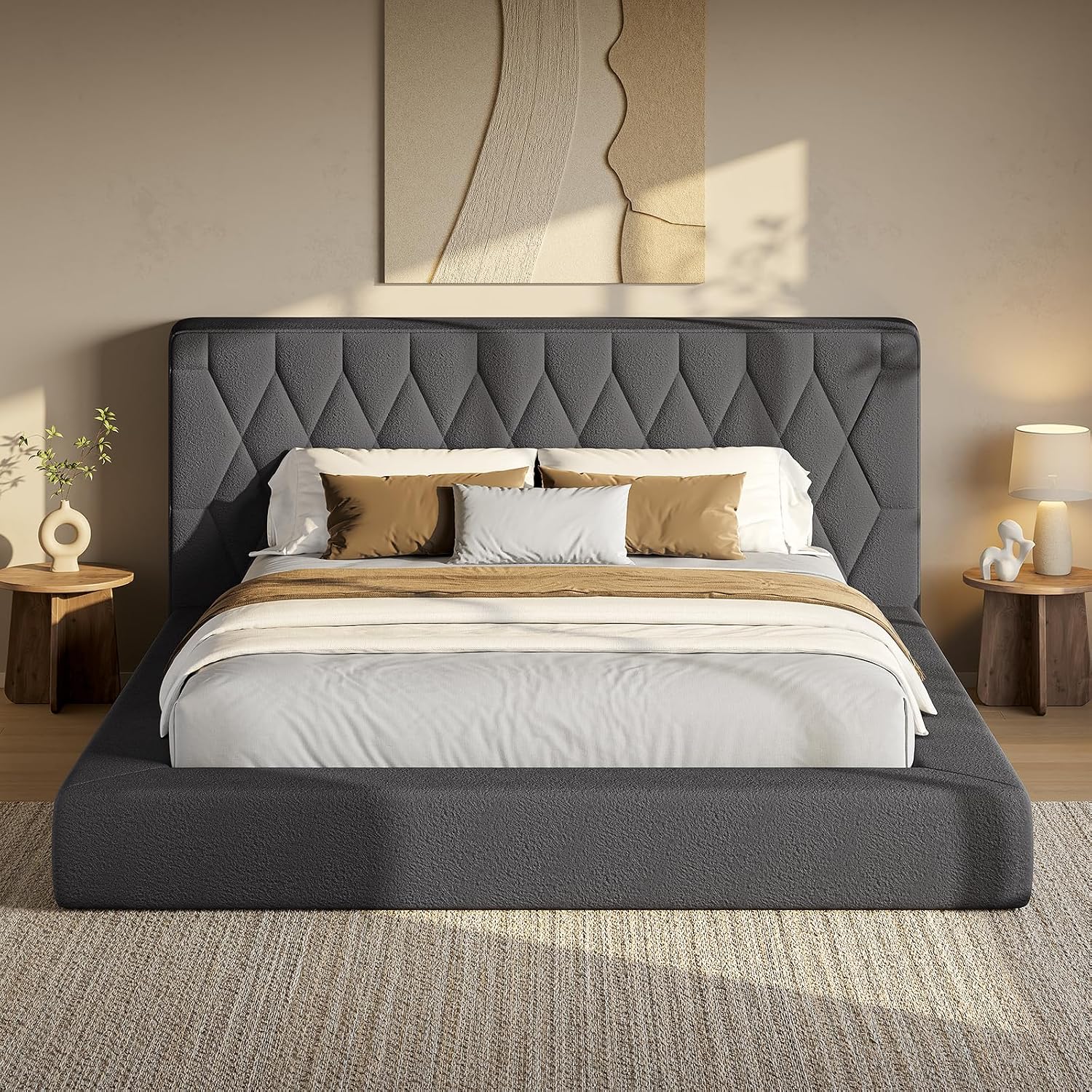 ADORNEVE Upholstered Cloud Bed Frame King with 5.9" Thick Headboard, Grey