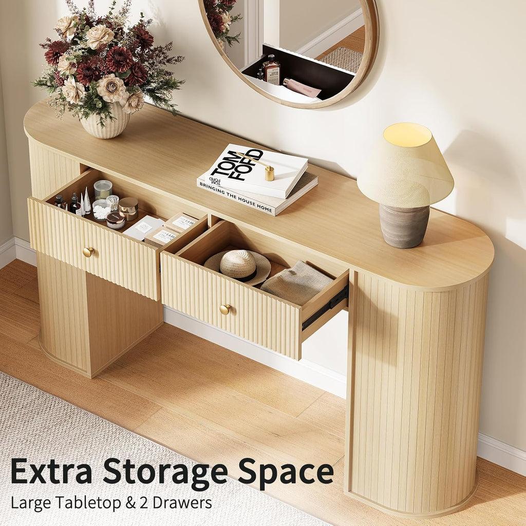 59" Fluted Console Table with 2 Drawers - Wood Entryway Table with Storage, Long Modern Sofa Tables Behind Couch with Curved Leg for Living Room, Entry, Hallway, Entrance, Foyer, Oak Natural