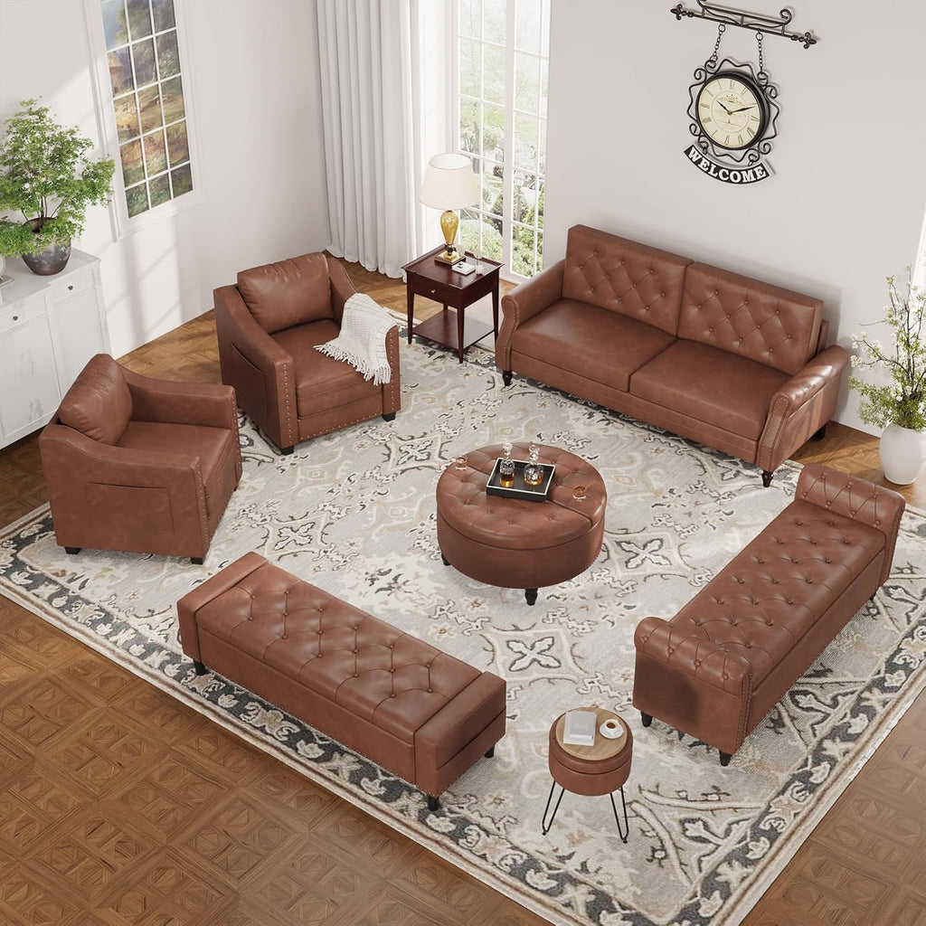 60" Storage Ottoman Bench, Faux Leather Upholstered Bed Bench, Brown | Benches with Tufted Buttons and Nailhead Trim, Large Ottoman with Storage for King Size End of Bed, Bedroom,Entryway,Hallway