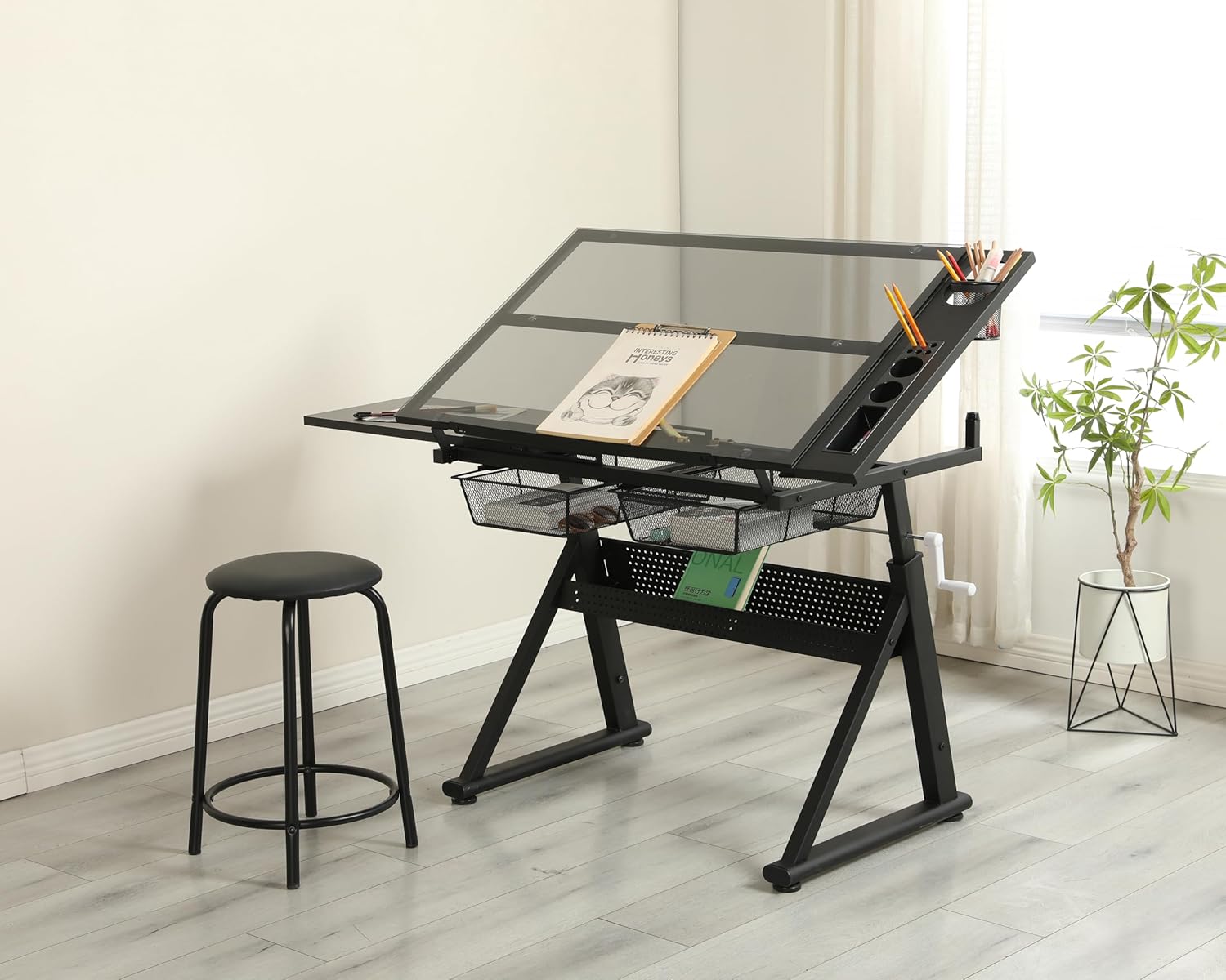 Drafting Table with Storage and Stool, Art Desk for Adults Hand Crank Adjustable Height with 2 Metal Drawers, Glass Craft Drawing Table Artist Desk with Extra Desktop (Black)