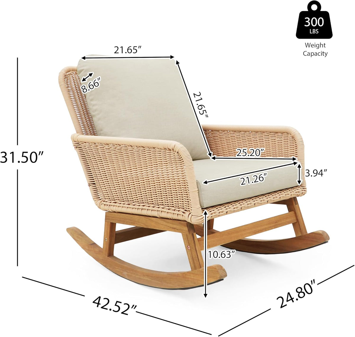 Christopher Knight Home Nadine Patio Rocking Chair, Wicker Rocker, Wood Leg Rocking Chair, PE Rattan Wicker Chair, Rocking Chair with Cushions, Comfort Wicker Rocker for Backyard Balcony Porch, Beige