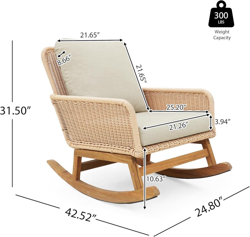 Rocking Chair with Padded Cushions, Modern Glider Chair, Wooden Frame with Rattan Armrest Design, Rocking Accent Chair with High Back for Living Room, Bedroom, Beige