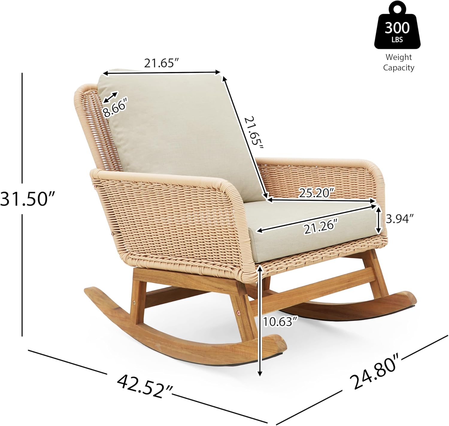 Rocking Chair with Padded Cushions, Modern Glider Chair, Wooden Frame with Rattan Armrest Design, Rocking Accent Chair with High Back for Living Room, Bedroom, Beige