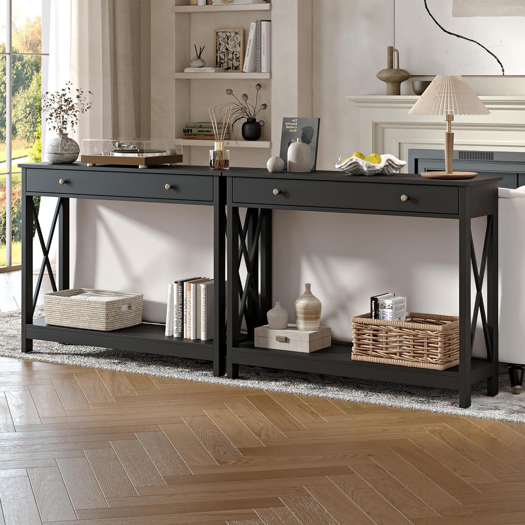 Treocho Black Console Table with Drawer and Storage Shelves, Foyer Sofa Table Narrow for Entryway, Living Room, Hallway | Entryway, Living Room, Hallway, Antique, Black