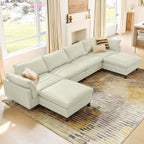 CHITA 161" Leather Super Large Sectional Couches for Living Room, Modular Cloud Sofa, Premium Genuine Leather Sofa, Down Filled, High Density Foam, Real Leather in Cream, 6 Seat U Shaped