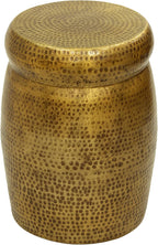 Kvira 21 Inch Round Drum Side End Table, Artisan Hammered Embossed Texture, Antique Gold Brass Finish, Modern Accent Table for Living Room, Bedroom, Entryway and Home Decor Display