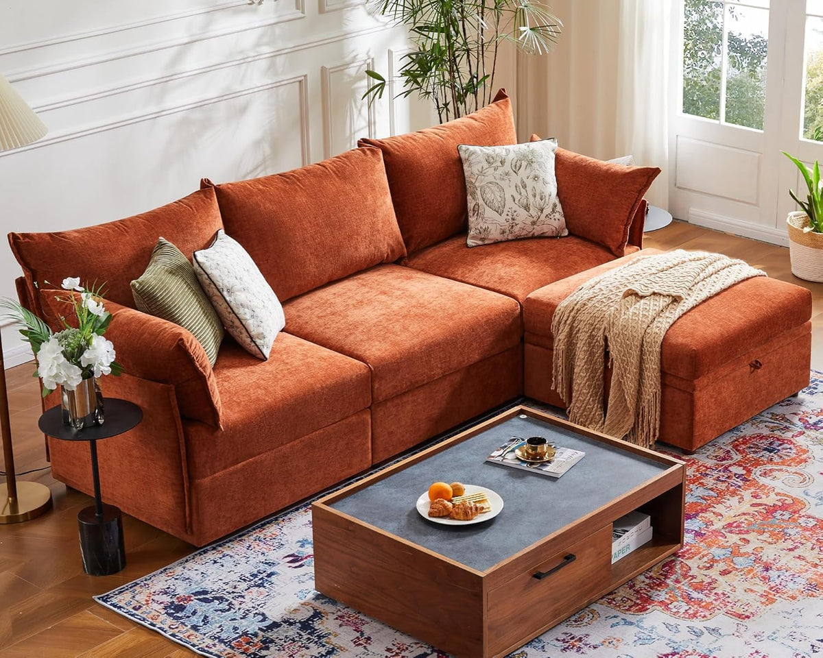 ABCASA L-Shaped 4-Seater Modular Sectional Sofa with Movable Storage Ottoman, Comfy Cloud Couch Set in Terracotta Orange Chenille for Living Room