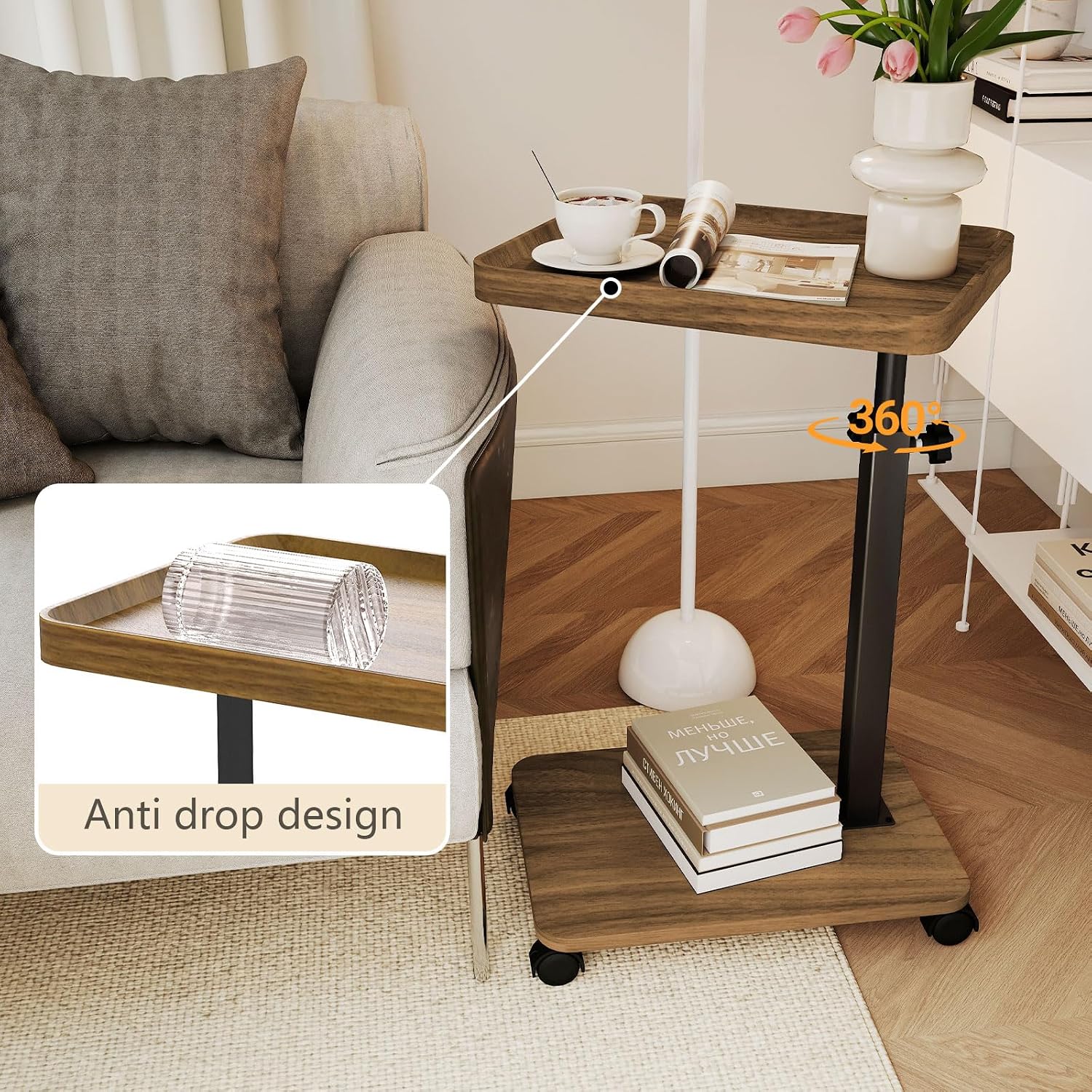 End Table, Adjustable Height Side Table, 360° Rotating MDF Veneer Sofa Side Table with Lockable Wheels, C-Shaped TV Tray Table for Living Room Bedroom (Walnut Brown)