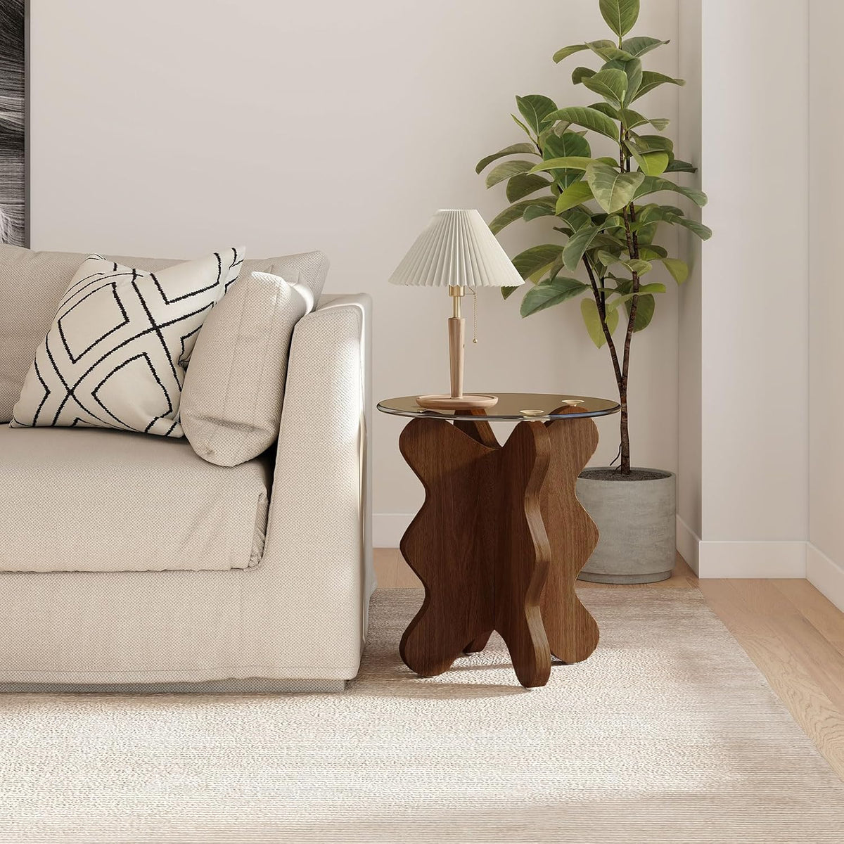 MDF Frame Side Table with Brown Tempered Glass Top, Mortise and Tenon Joint Design, No Screw Easy Assembly, Sturdy End Table for Living Room, Bedroom (Seaweed-Brown)
