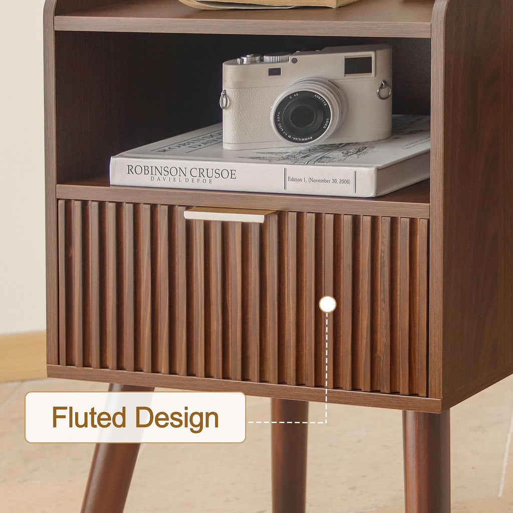 Night Stand, Mid Century Modern Nightstand with Fluted Drawers and Open Shelf, Small Accent Bedside Table for Bedroom, Living Room, and Small Spaces (Walnut Brown)