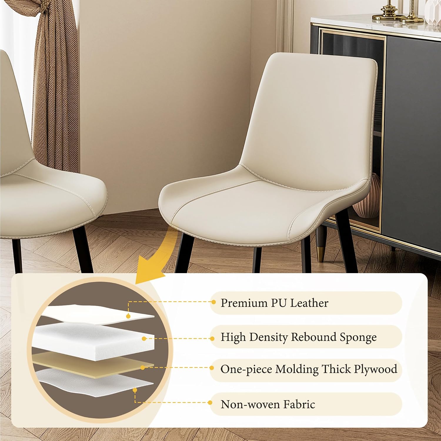 Modern Dining Chairs Set of 4, PU Leather Upholstered Dinner Chairs with Sturdy Metal Legs and Comfort Backrest, Armless Accent Side Chairs for Home Kitchen, Living Room (Light Beige)